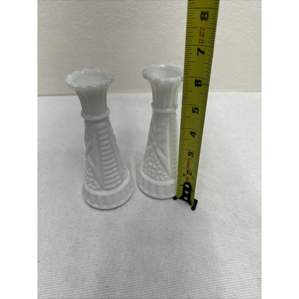 2 Vintage White Milk Glass Stars and Bars Flower Bud Vase 6